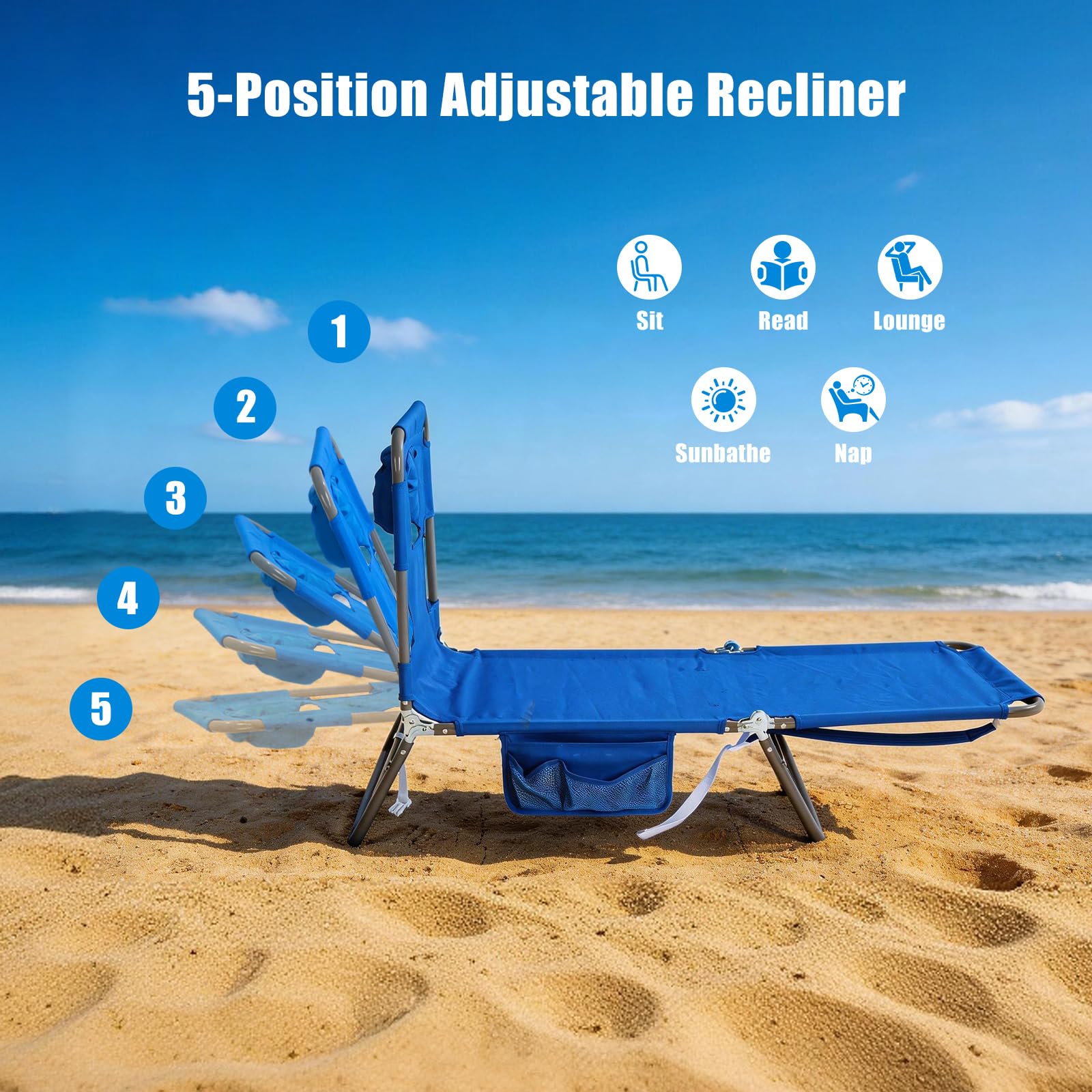 SunnyFeel Beach Chair with side storage pouches for drinks and essentials