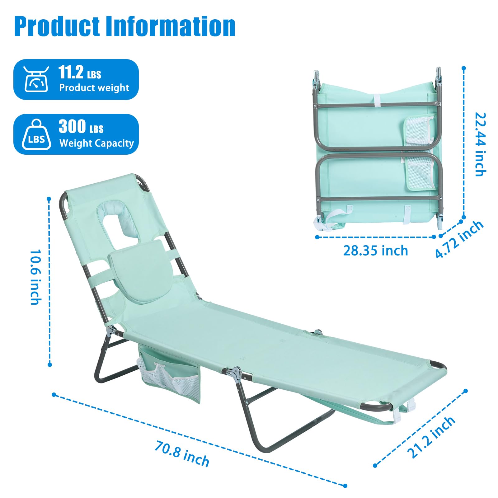 SunnyFeel Beach Lounge Chair folded view, compact storage for car, tent, or balcony.