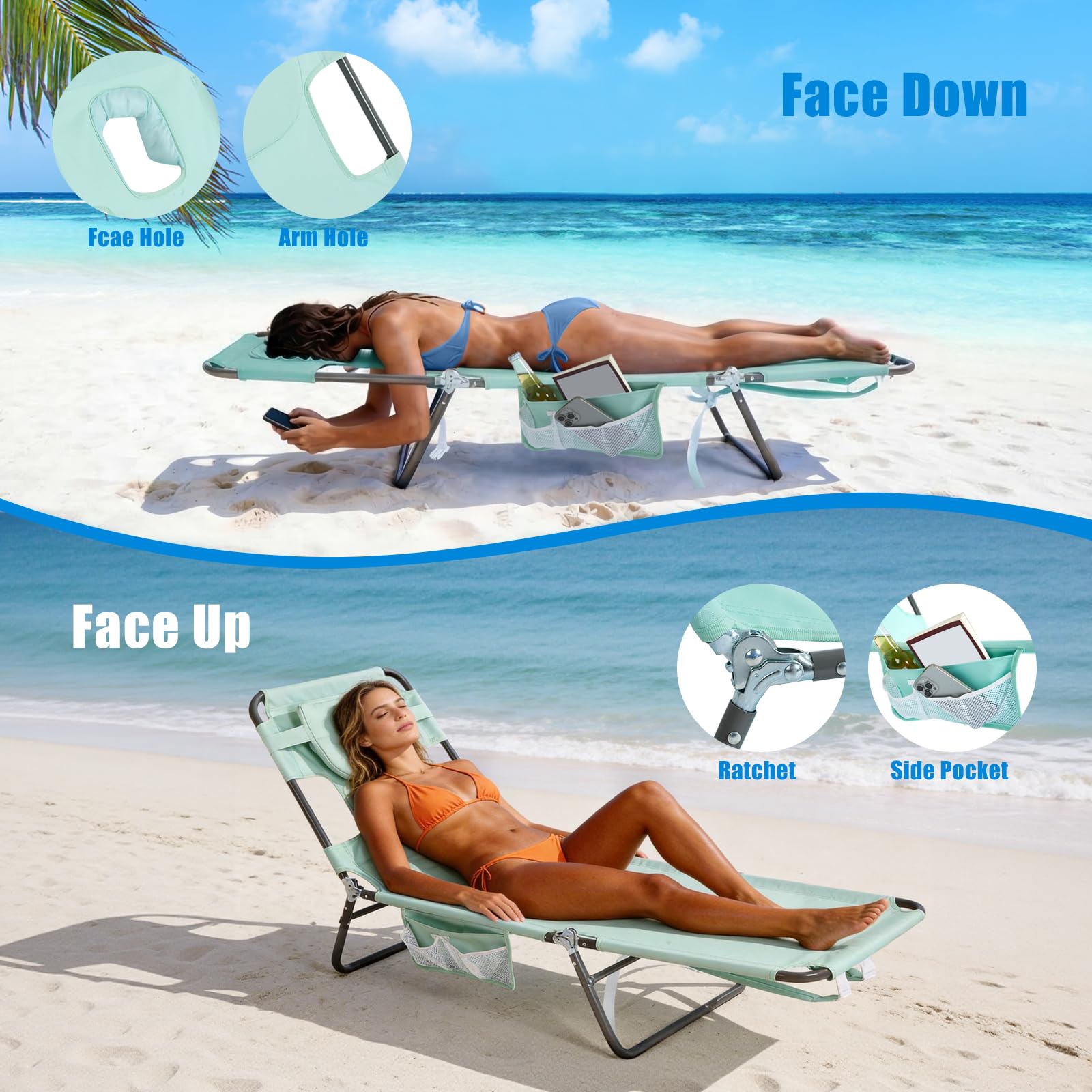 SunnyFeel Beach Lounge Chair quick-dry fabric, breathable and sweat-free lounging.