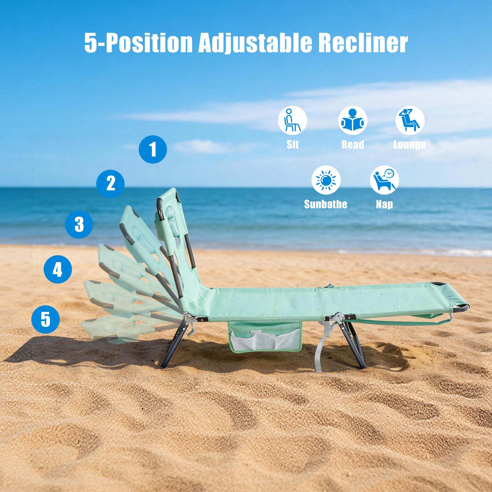 SunnyFeel Beach Lounge Chair side pockets, keep sunglasses and phone close at hand.
