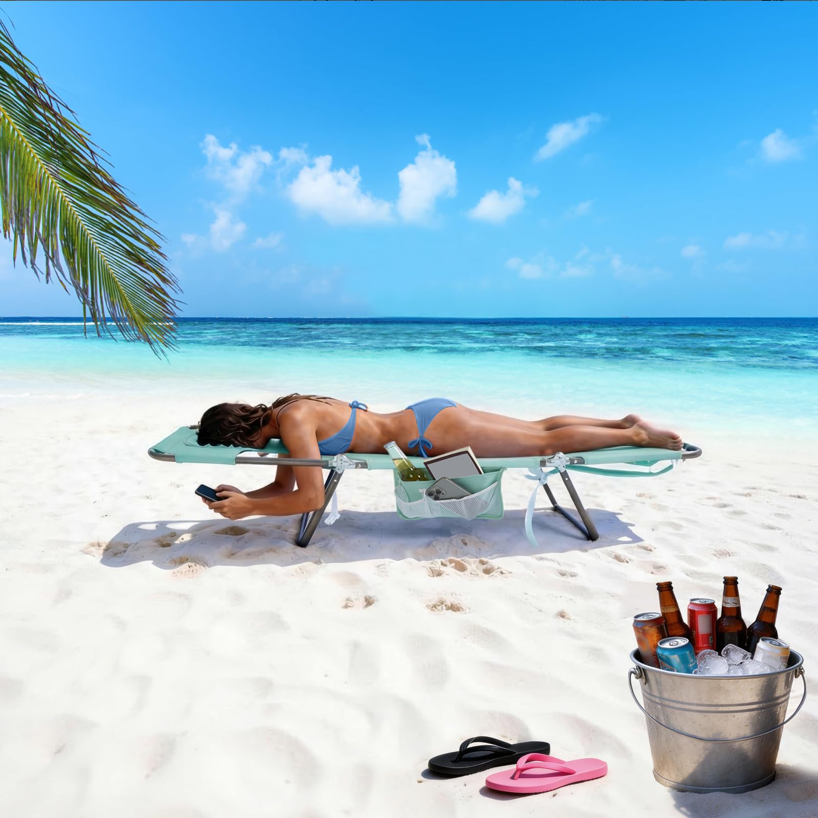 SunnyFeel Beach Lounge Chair side view, easy access to built-in pockets for essentials.