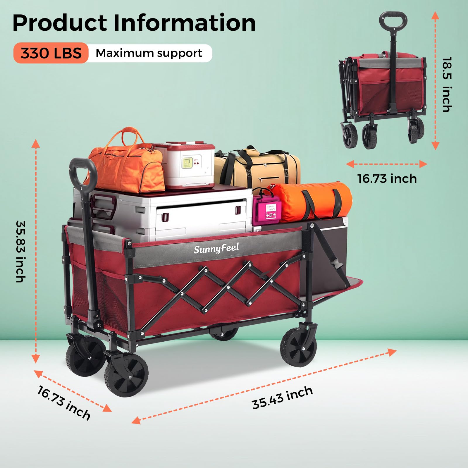 SunnyFeel wagon with brakes and 5-inch wheels for secure movement.