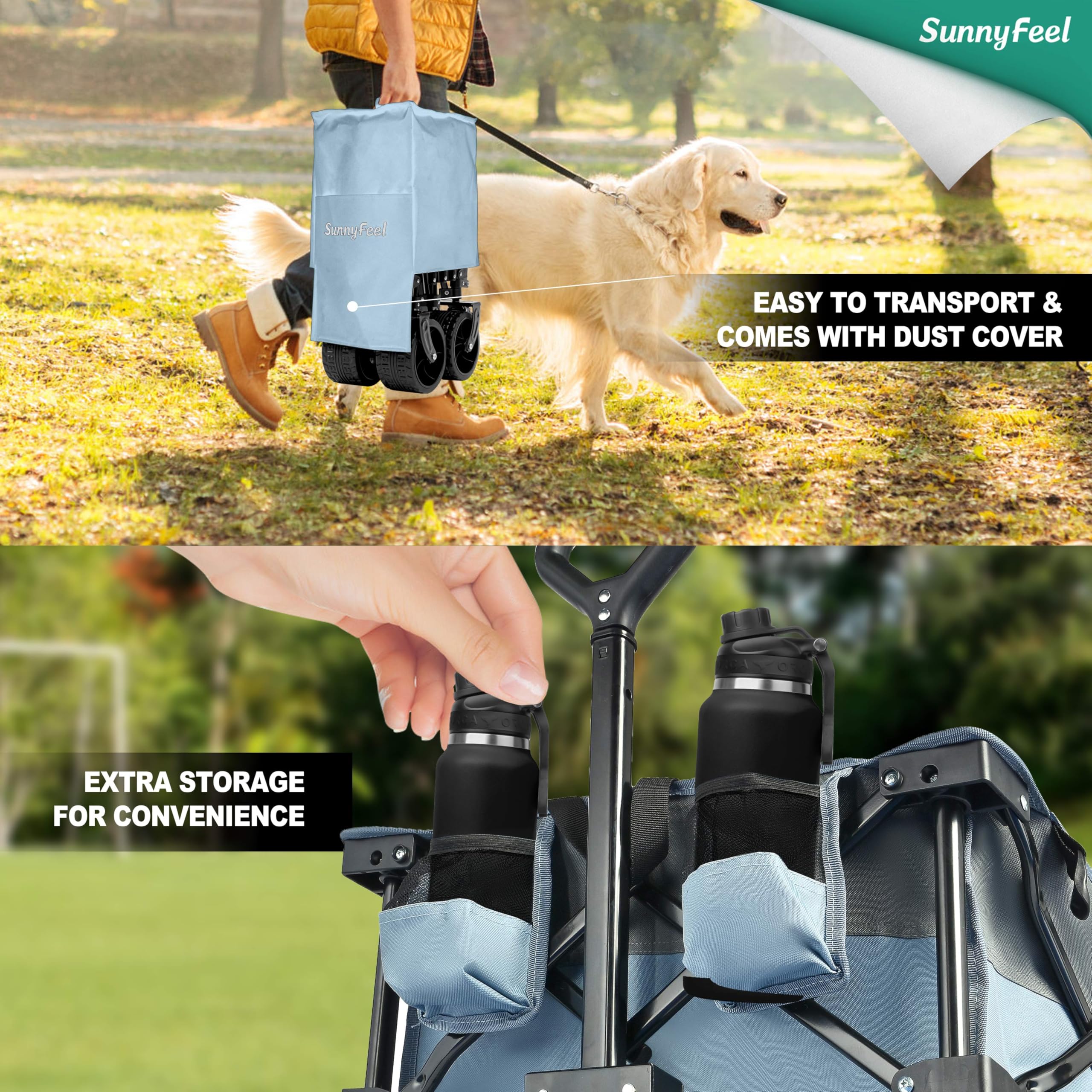Sunnyfeel wagon adjustable handle in use for comfortable pulling at different heights.