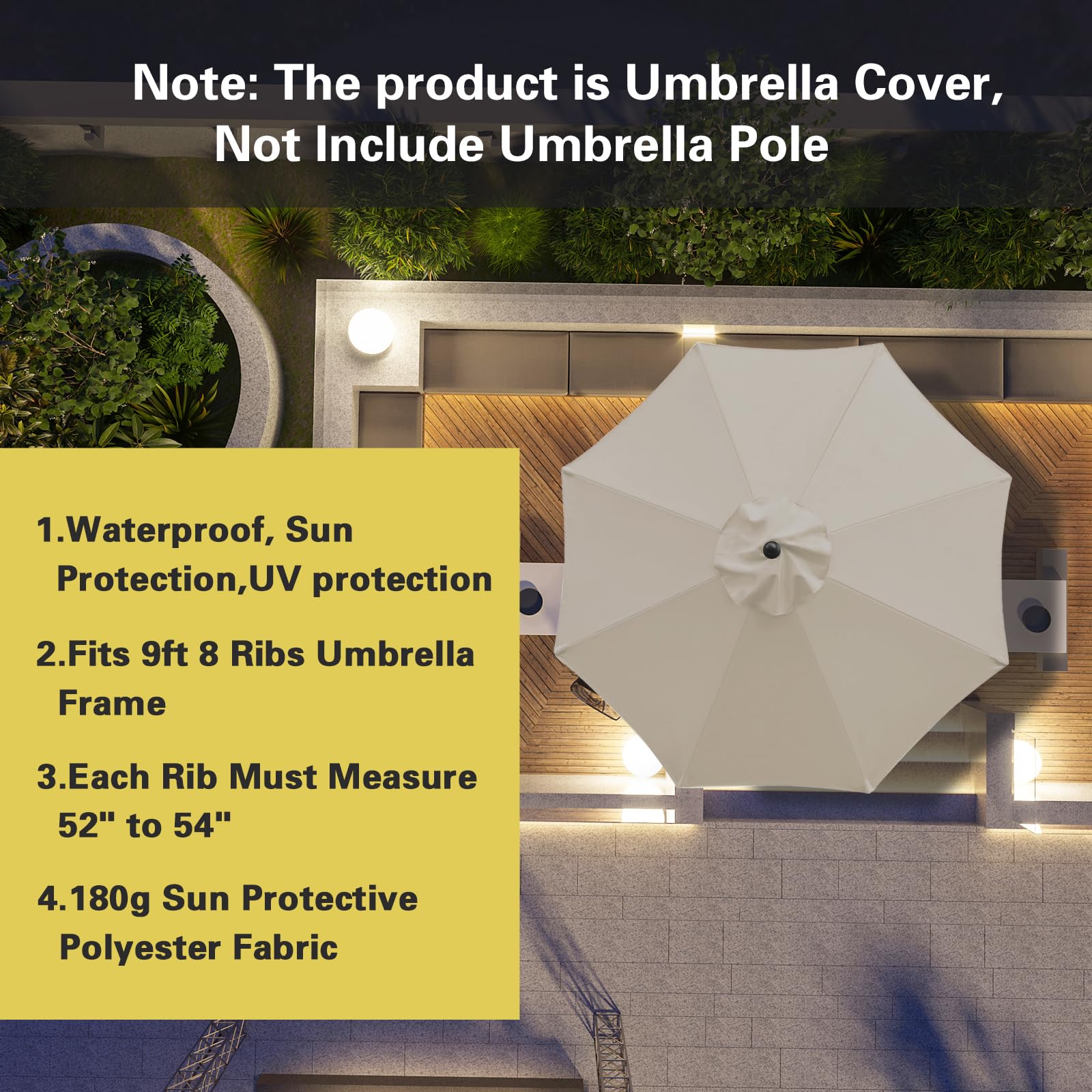 Sunnyglade 180gsm polyester fabric highlights UV protection and color retention.