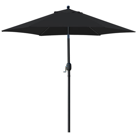 Sunnyglade 7.5' patio umbrella in black shading a round table for outdoor meals.