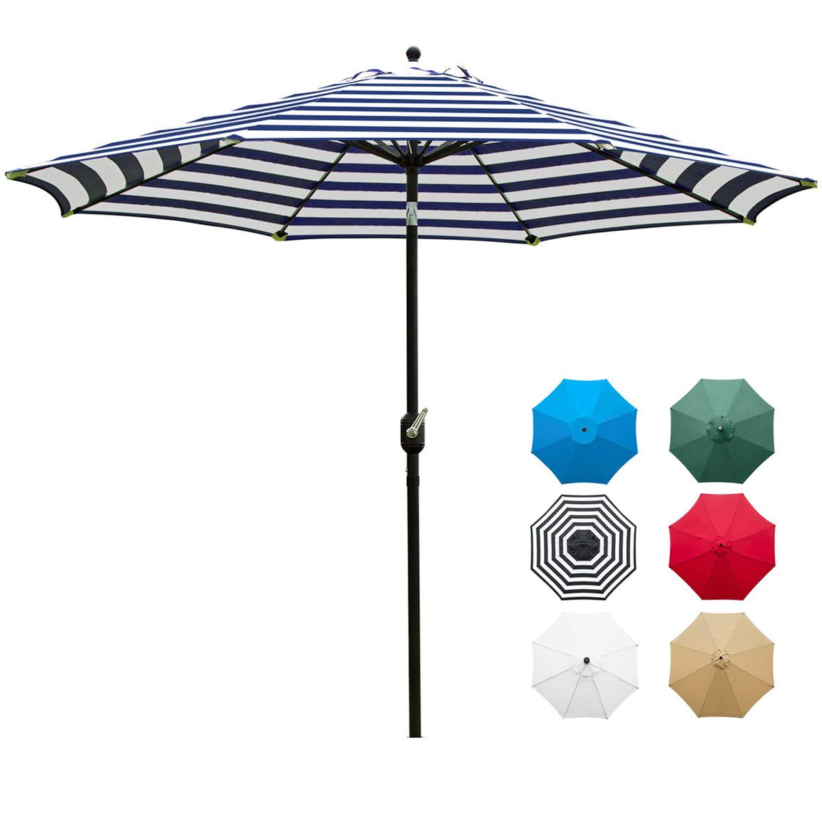 Sunnyglade 9ft patio umbrella blue-white canopy provides cool shade for outdoor dining.