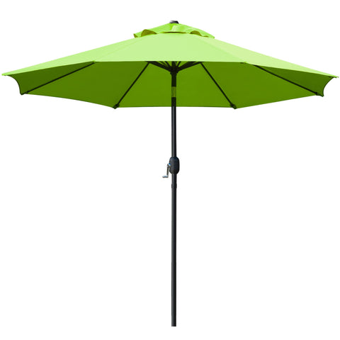 Sunnyglade 9ft patio umbrella open over grass-green seating area for shade.
