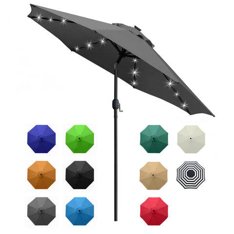 Sunnyglade 9ft solar LED umbrella grey lit at night for outdoor dining