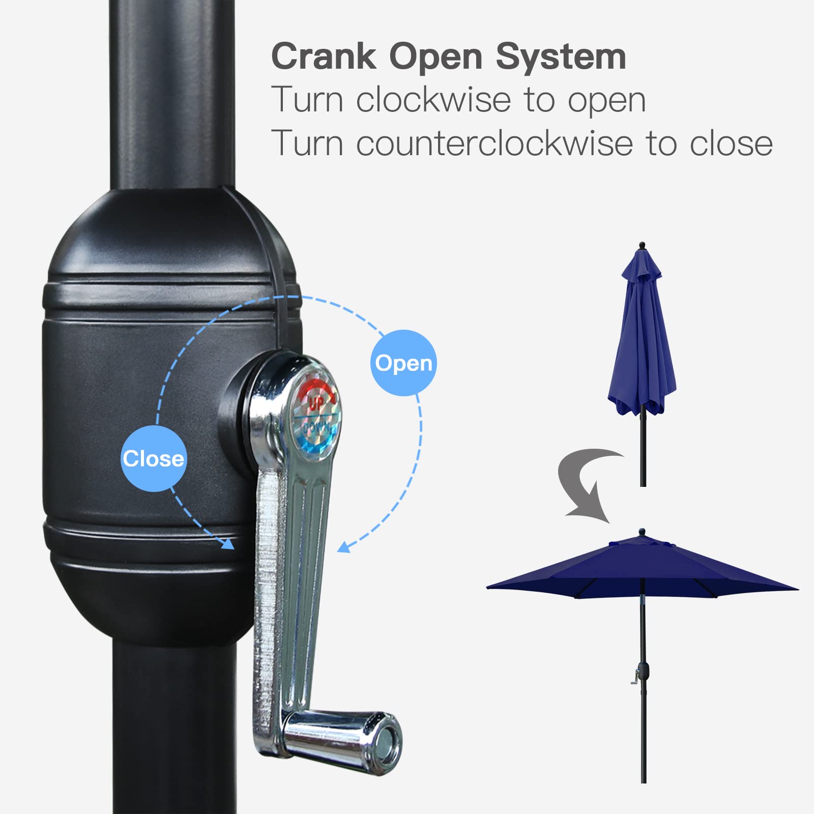 Sunnyglade crank-open-close system makes setup quick and easy.