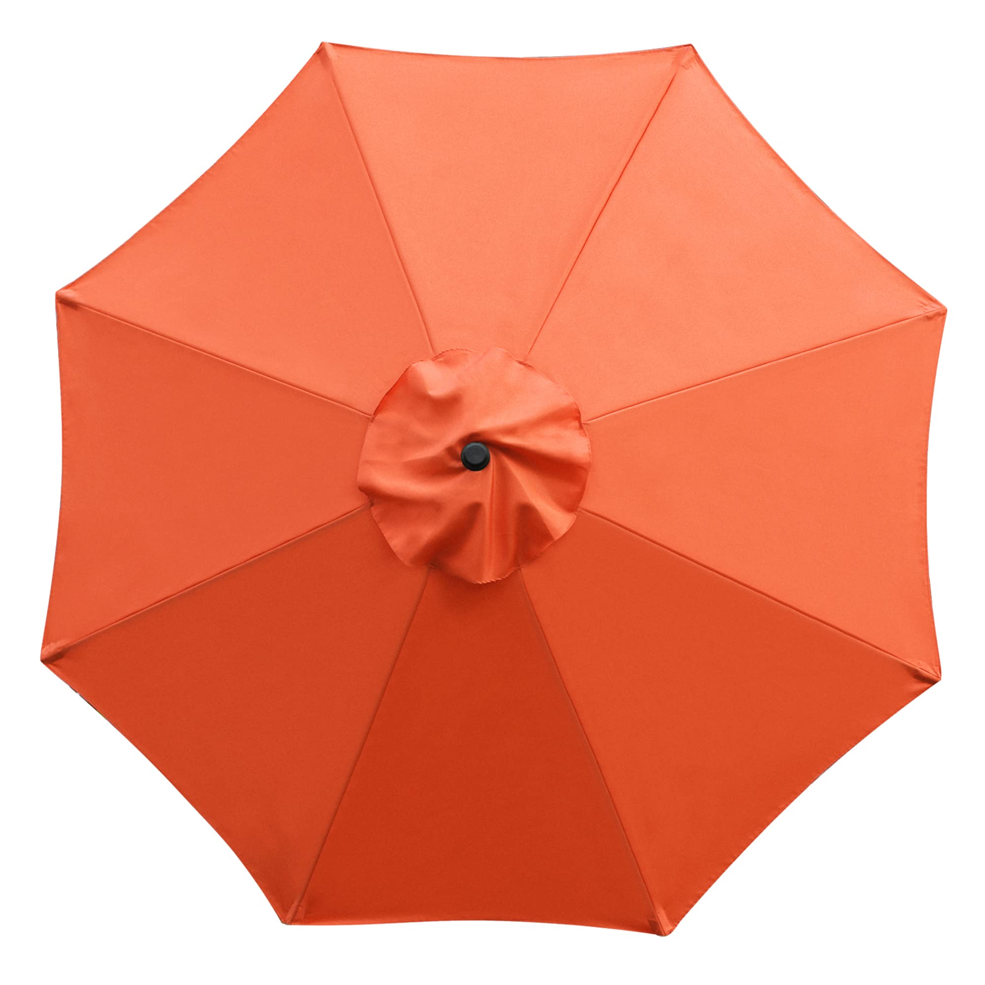 Sunnyglade orange umbrella beside table with chairs outdoors.