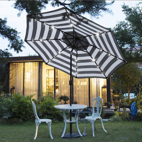 Sunnyglade black and white canopy with tilt feature for adjustable shade.
