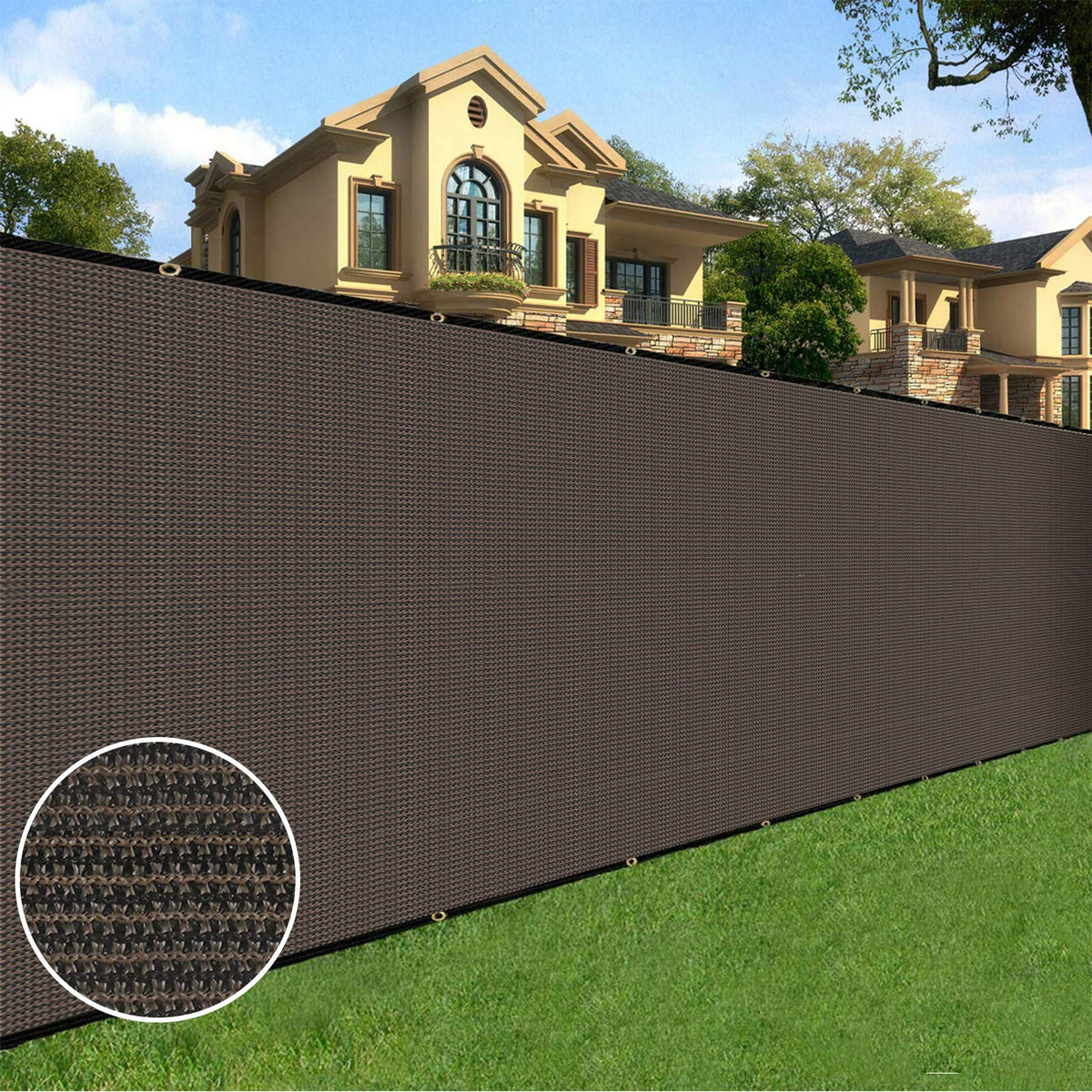 Sunnyglade privacy screen fence cover in brown blocks street view and adds yard privacy.