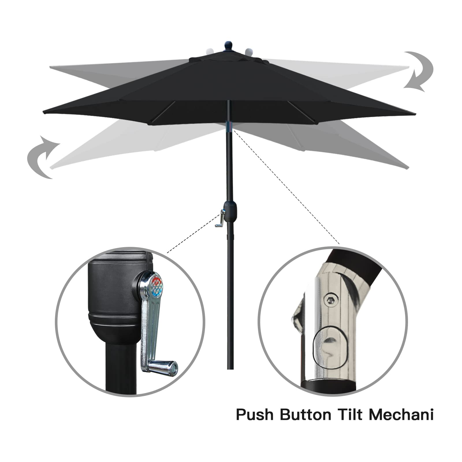 Sunnyglade push-button tilt umbrella shows adjustable shade angles for comfort.