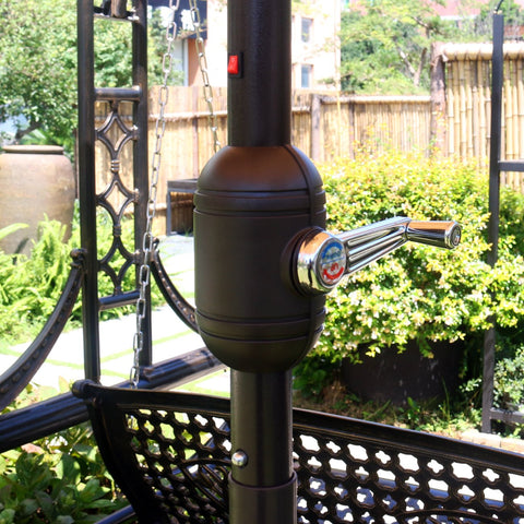 sunnyglade teal umbrella with LEDs along ribs for ambient nighttime illumination.