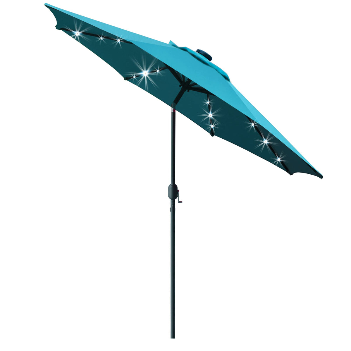 sunnyglade teal 9ft solar LED patio umbrella opened to provide evening shade.