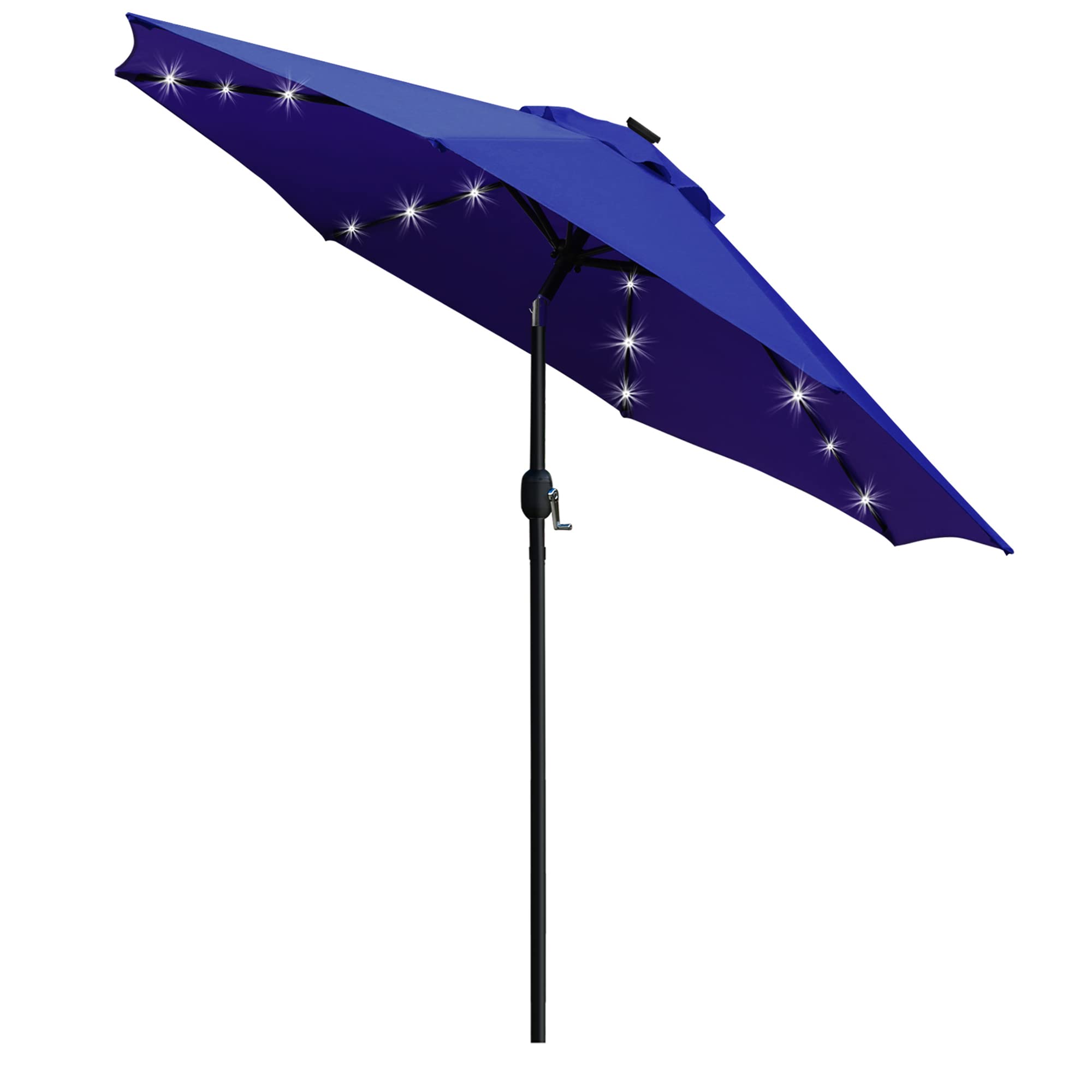 Sunnyglade 9ft solar LED umbrella with navy canopy illuminates patios in the evenings.