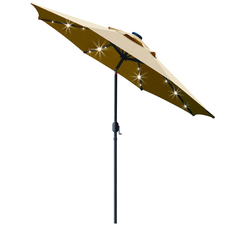 Sunnyglade umbrella with solar LED lights along eight ribs for ambient evening lighting.