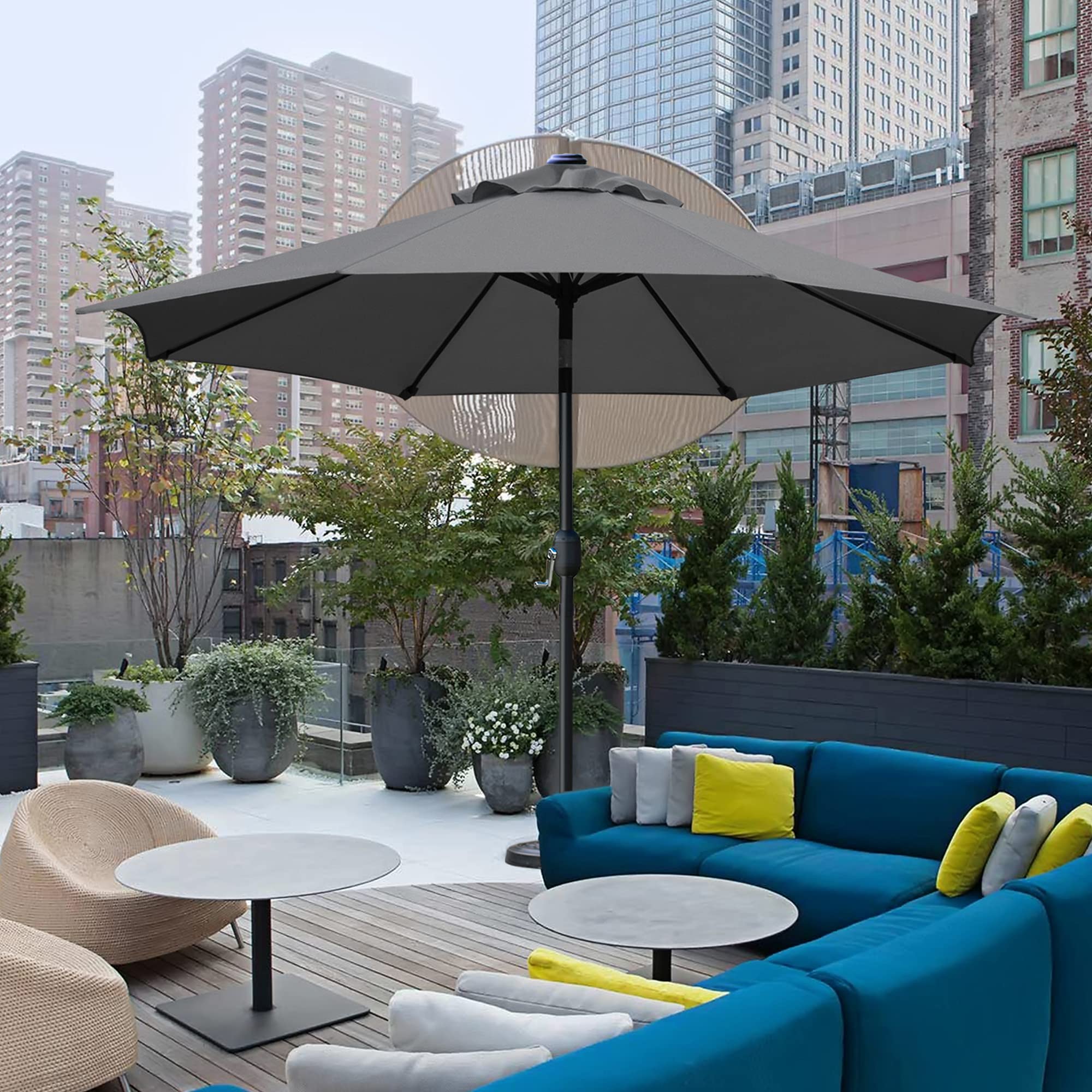 Sunnyglade grey umbrella fits 42–54 inch tables for outdoor comfort.