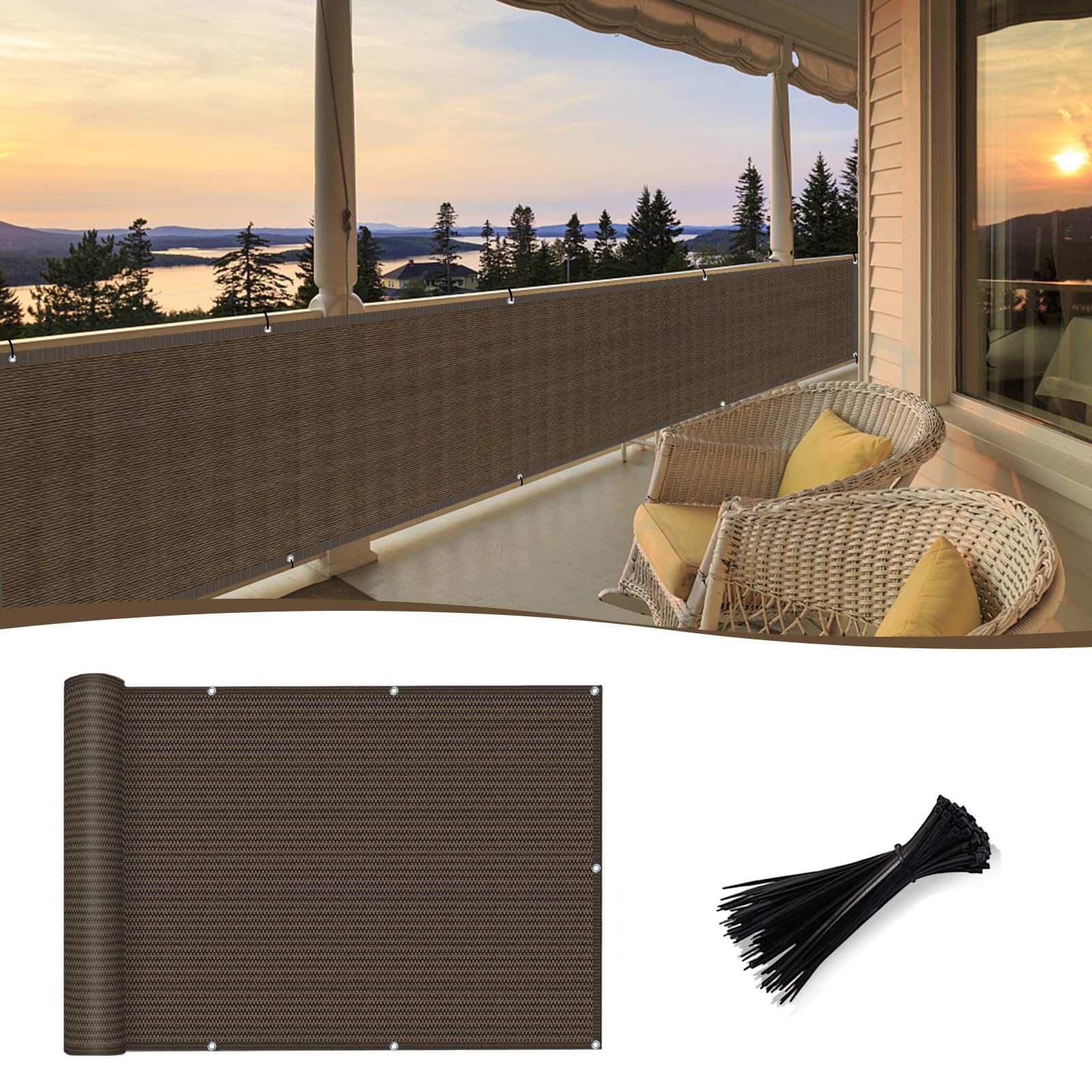 Sunny Guard brown balcony privacy screen on a railing for enhanced outdoor privacy.