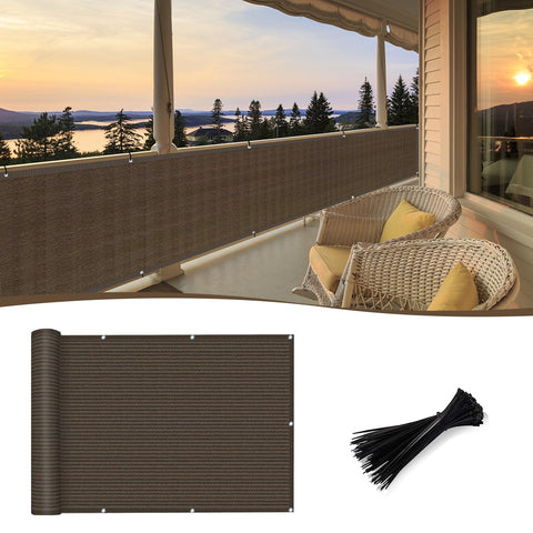 Sunny Guard brown balcony privacy screen on a railing for enhanced outdoor privacy.