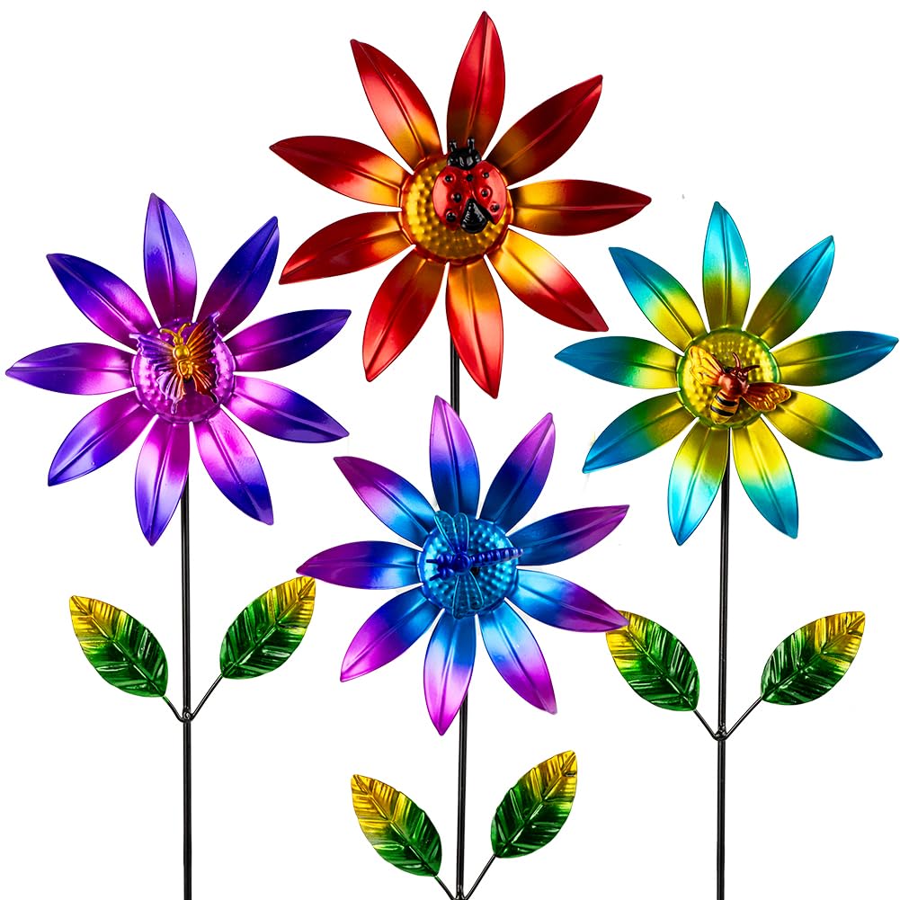 Sunnylight wind spinner with a flower core and insect details for year‑round garden whimsy.