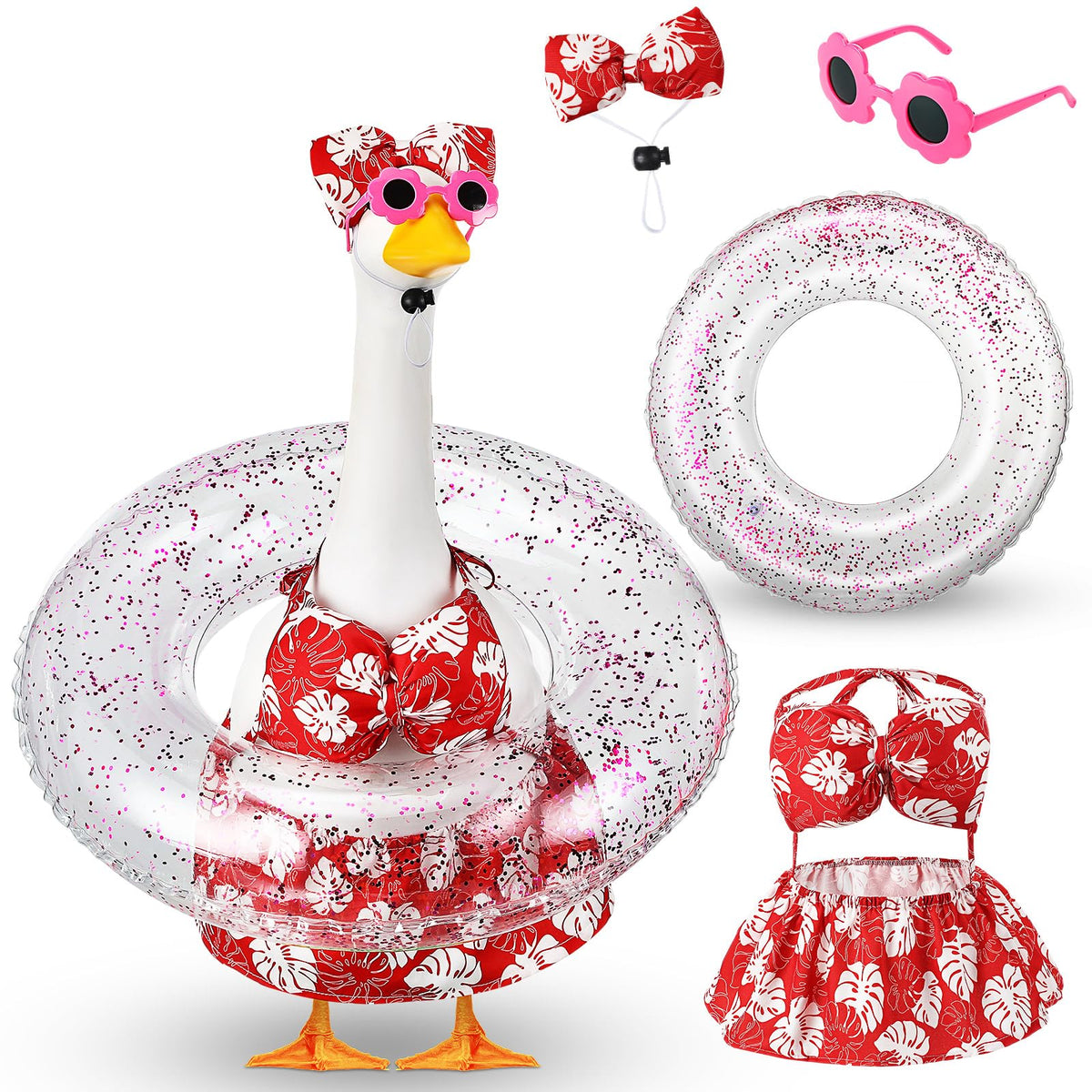 Sunnymove bikini porch goose outfit in Hawaiian pink with monstera for festive garden decor.