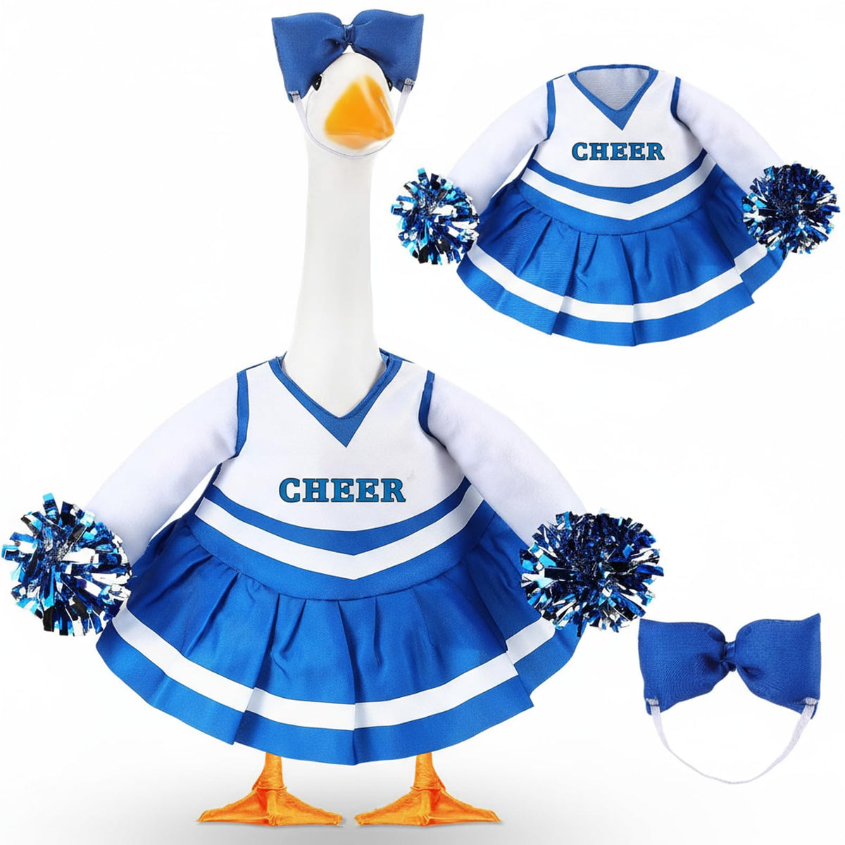 Sunnymove cheerleader goose outfit blue with pom-poms enhances porch display for Halloween