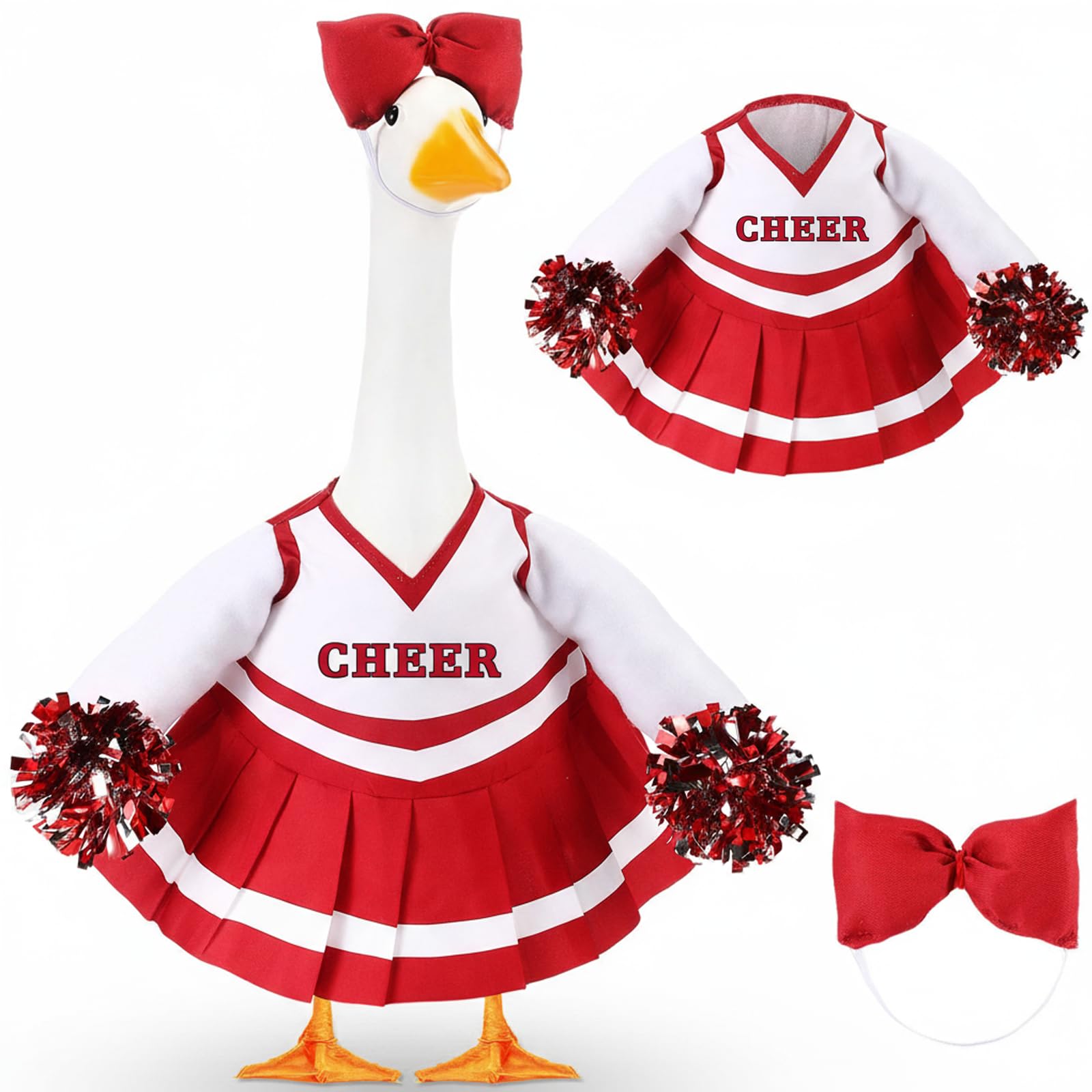 Sunnymove cheerleader goose outfit with pom poms enhances porch display and seasonal cheer.
