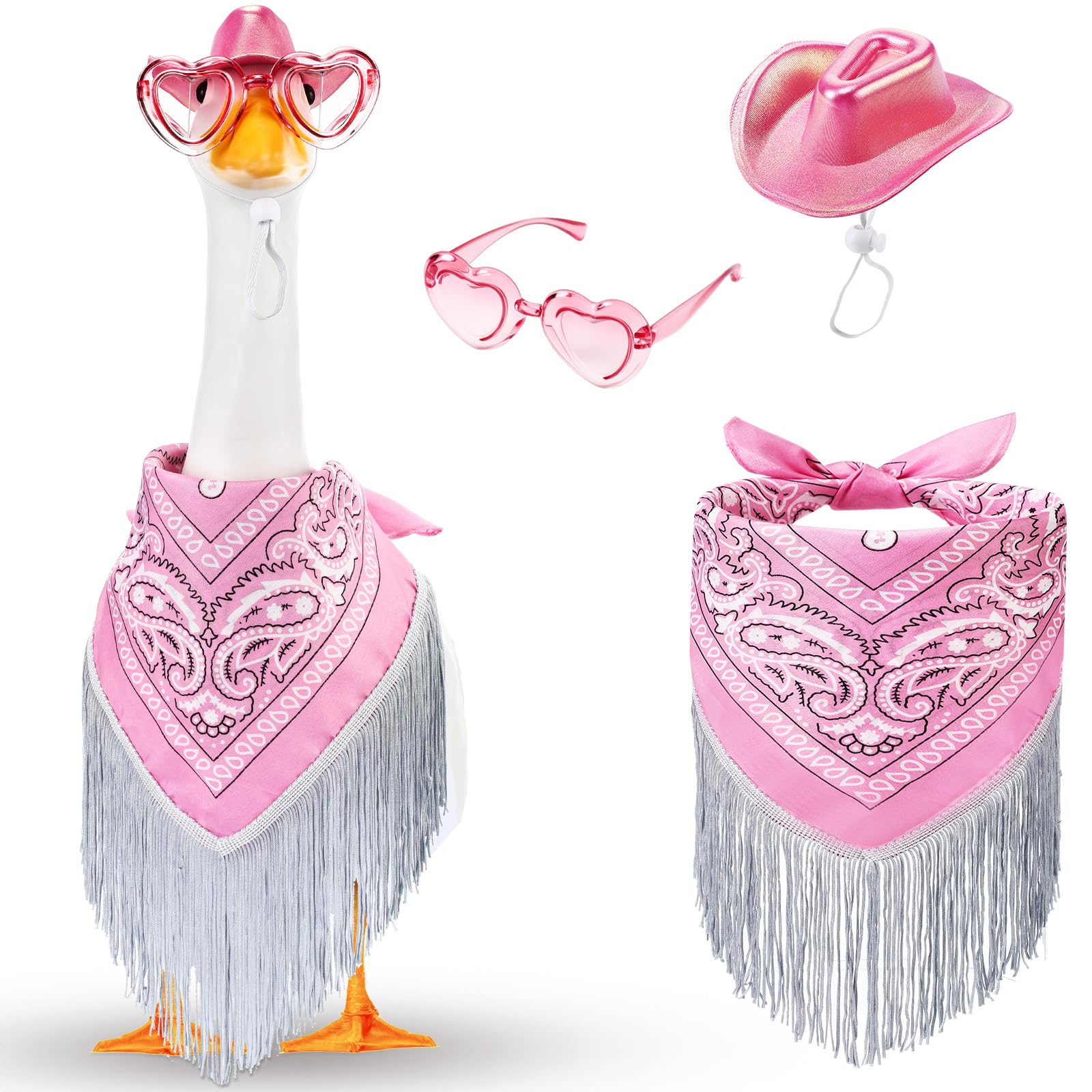 Sunnymove disco cowgirl goose outfit on a 23-inch lawn goose, pink fringe for outdoor decor.