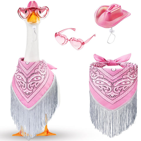 Sunnymove disco cowgirl goose outfit on a 23-inch lawn goose, pink fringe for outdoor decor.