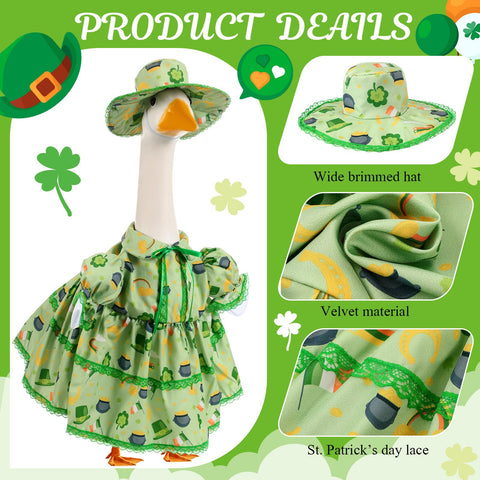 Sunnymove St Patrick's Day goose outfit with shamrocks and top hat for playful decor.