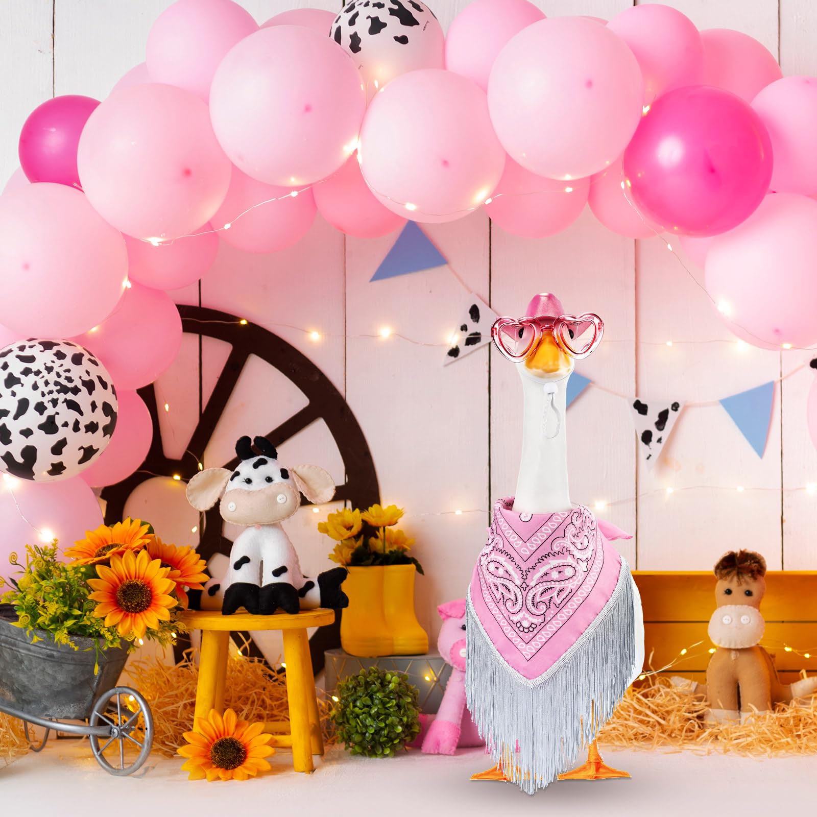 Sunnymove pink fringe bandana on a goose adds retro charm for outdoor events.