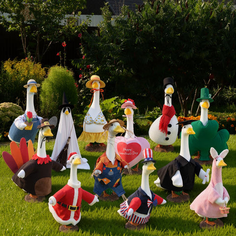 Sunnymove porch goose hearts costume creates a cozy Valentine mood in the yard.
