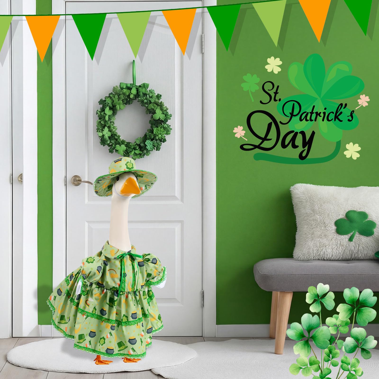 Sunnymove St Patrick's Day goose outfit featuring Irish flag accents.