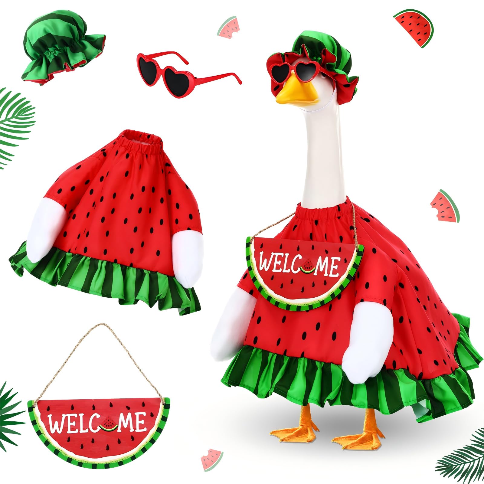Sunnymove watermelon porch goose outfit on a 23-inch statue adds summer charm