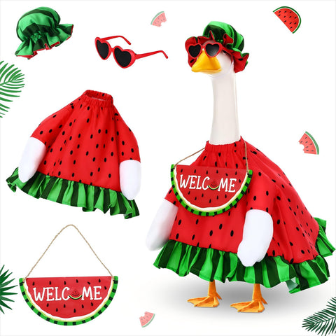 Sunnymove watermelon porch goose outfit on a 23-inch statue adds summer charm