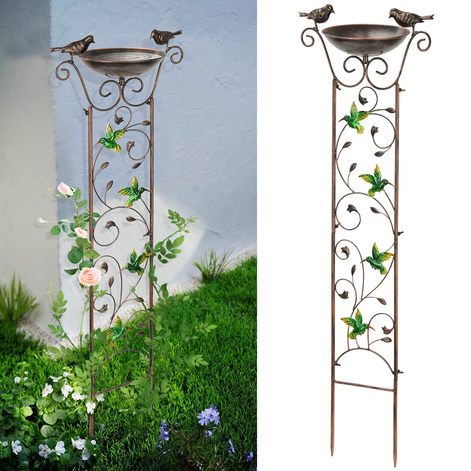 SUNNYPARK antique garden trellis with hummingbirds adds decorative charm to climbing flowers.