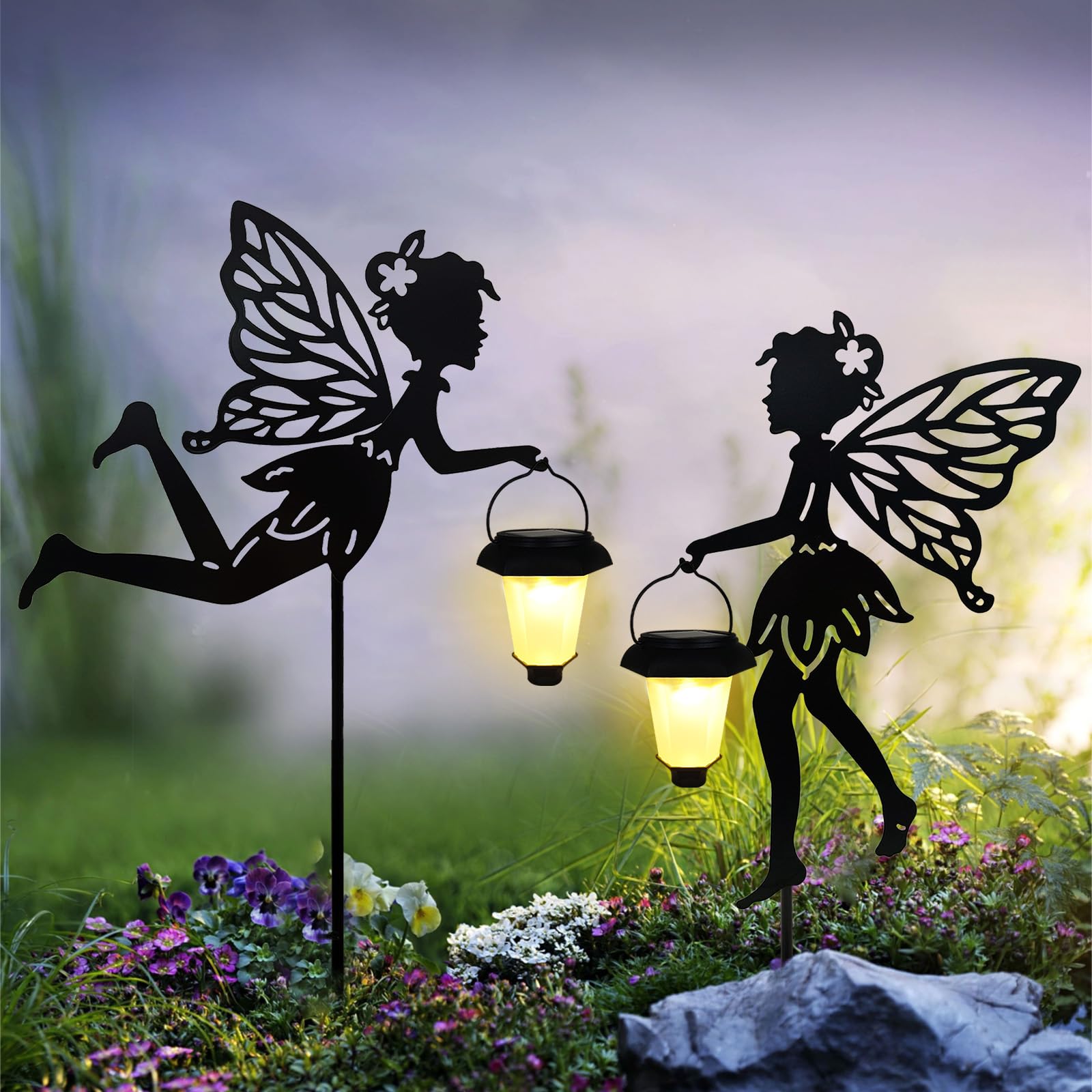 SUNNYPARK solar fairy stake with angel lantern lights up garden paths at night.