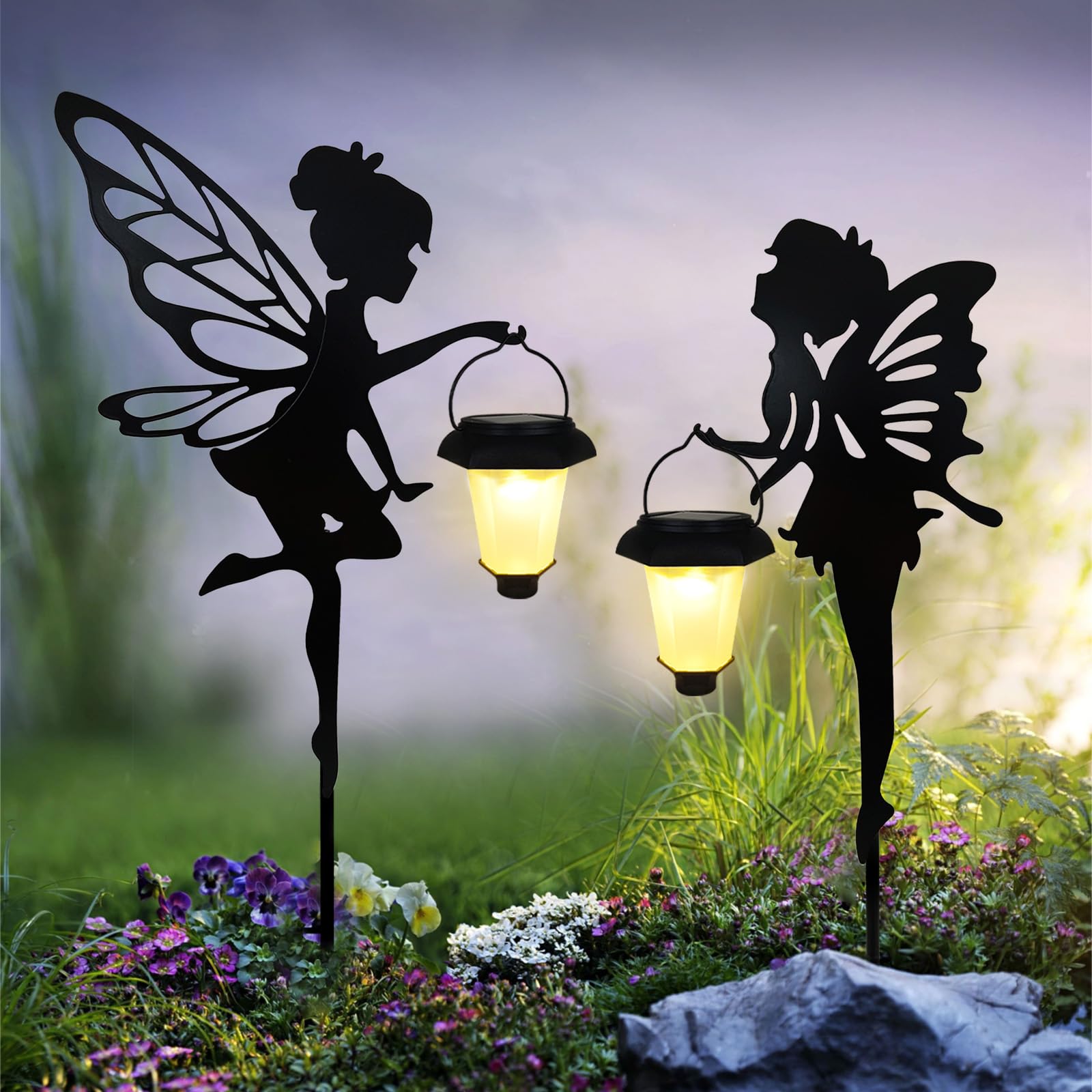SUNNYPARK solar fairy stake set adds whimsical garden charm at night.