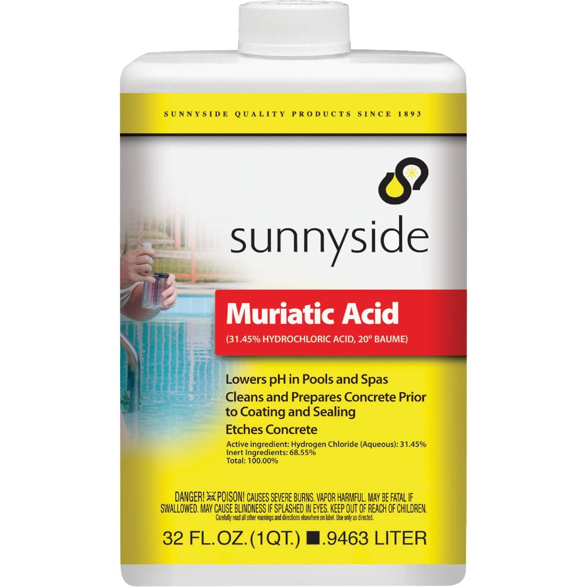 Sunnyside 71032 muriatic acid bottle for fast cleaning and pool pH balancing.
