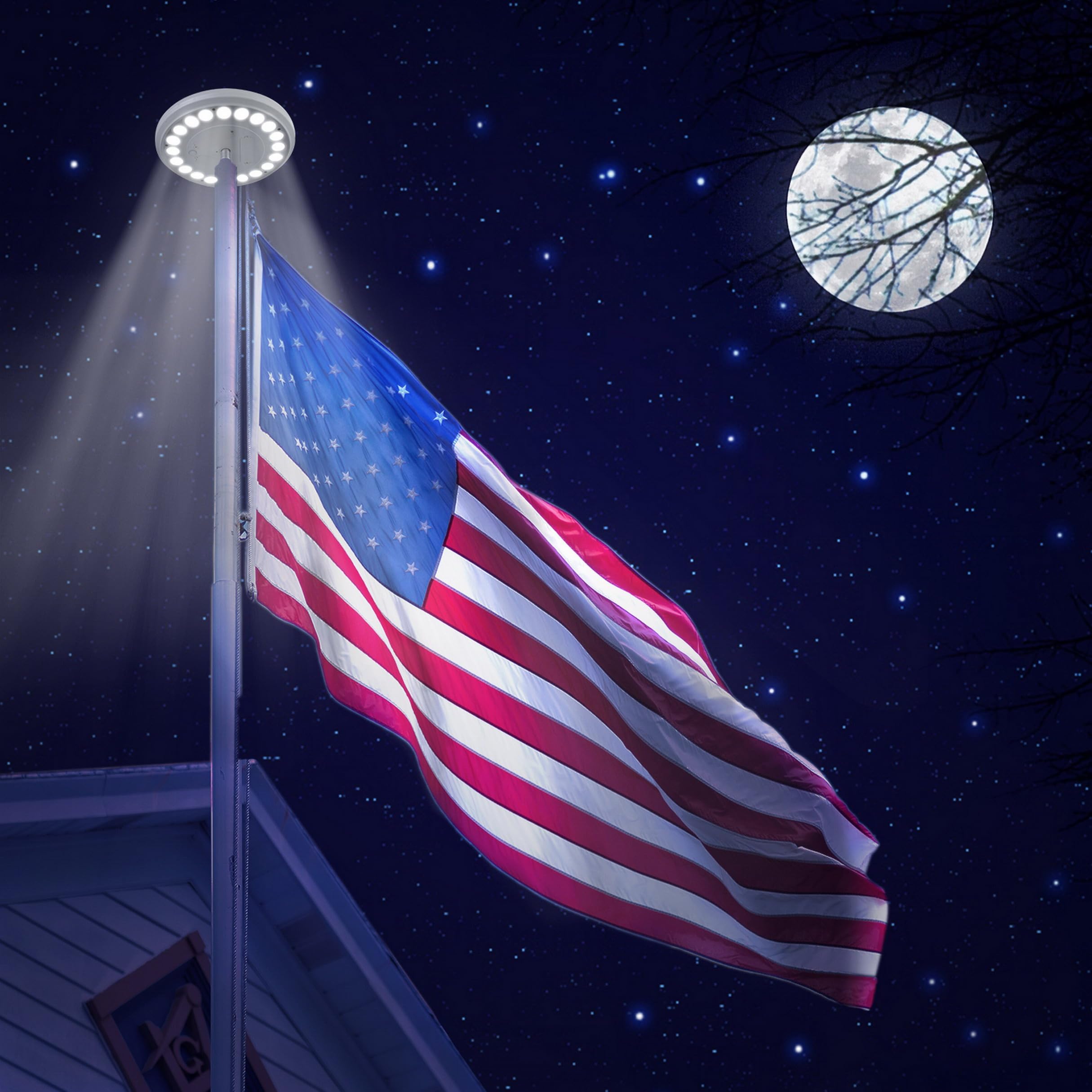 Sunnytech solar flag light at night illuminates flag for visibility