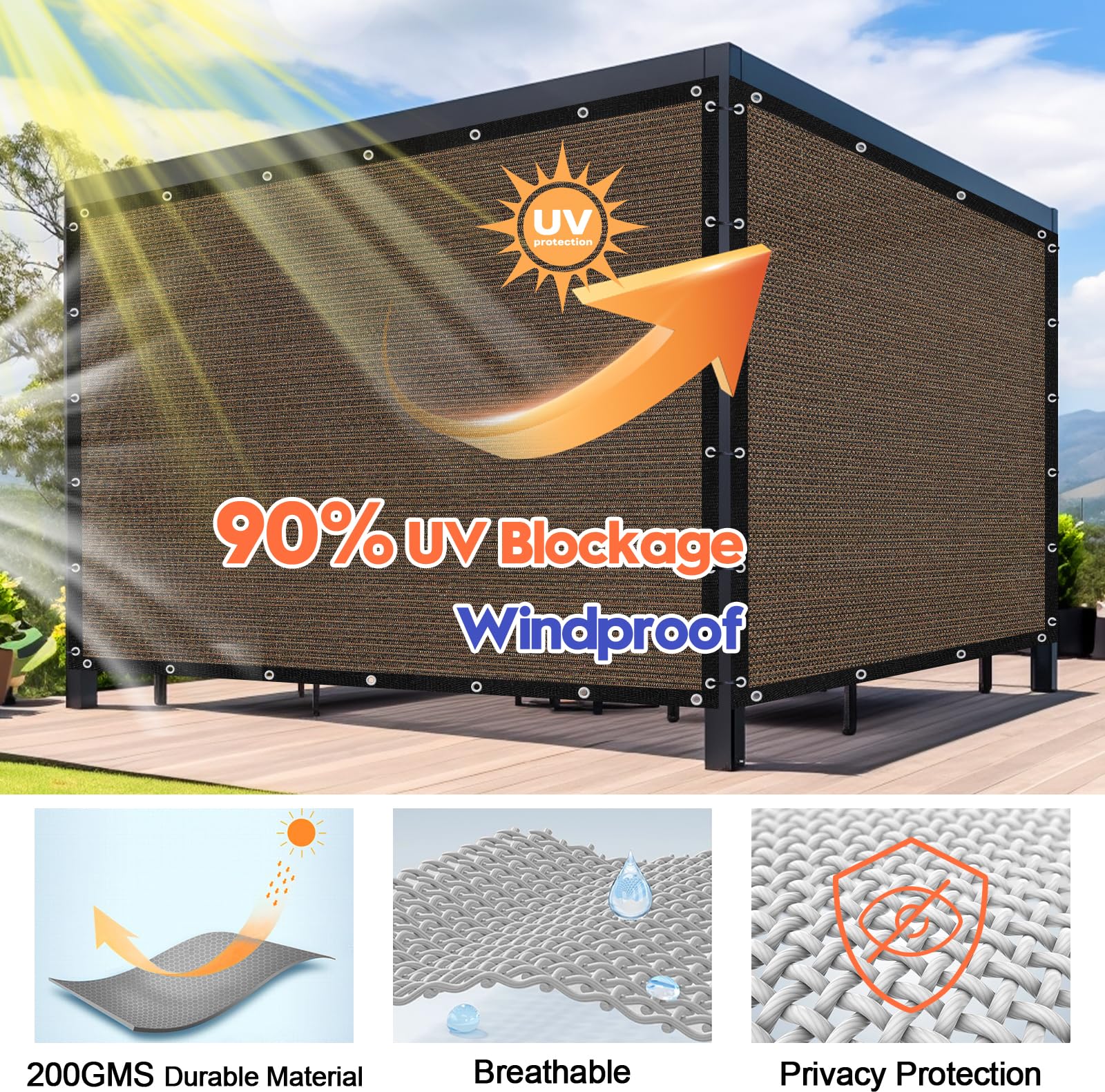 Sunocity shade cloth with stainless grommets ensures durable installation.