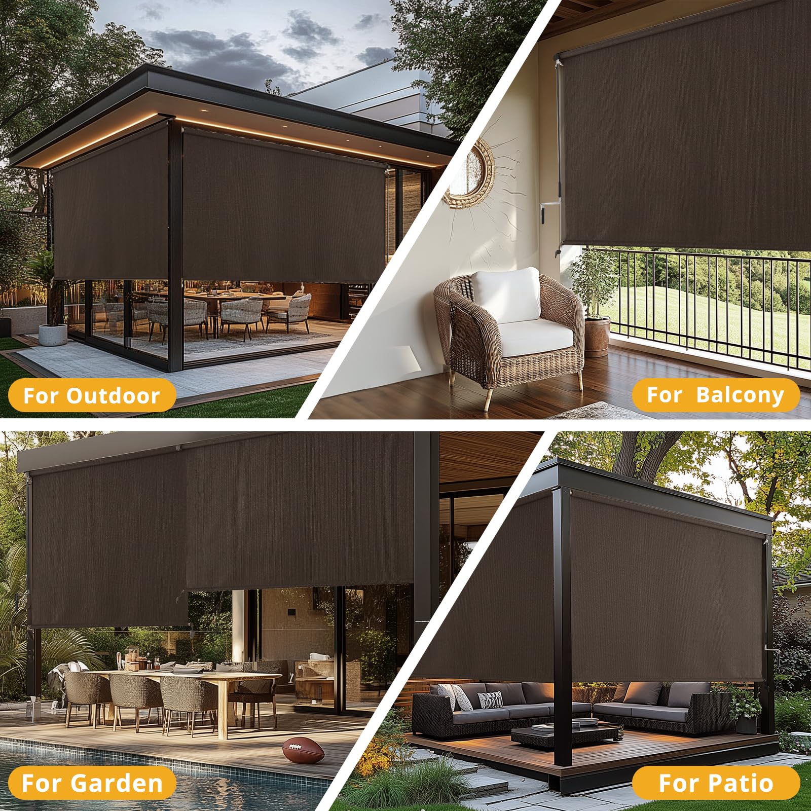 Sunoff patio shades roll-up mocha indoors outdoors versatility for windows or patios.