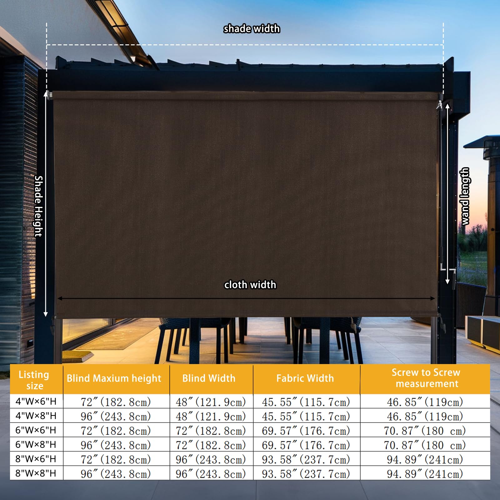 Sunoff patio shades roll-up mocha side view highlights compact profile for outdoor setup.