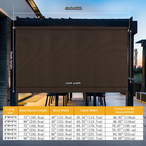 Sunoff patio shades roll-up mocha side view highlights compact profile for outdoor setup.
