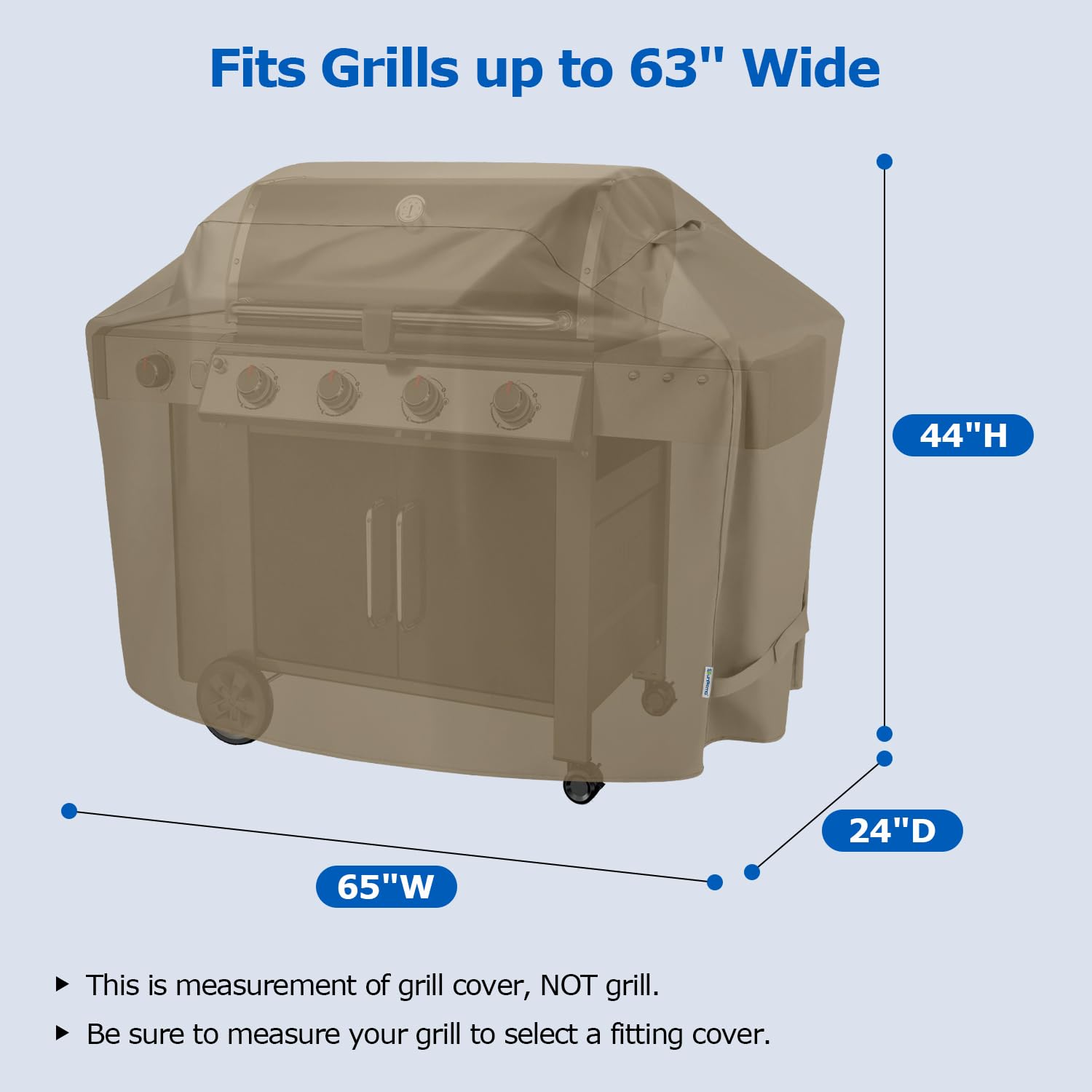 SunPatio 65inch grill cover back view illustrating full coverage against elements.