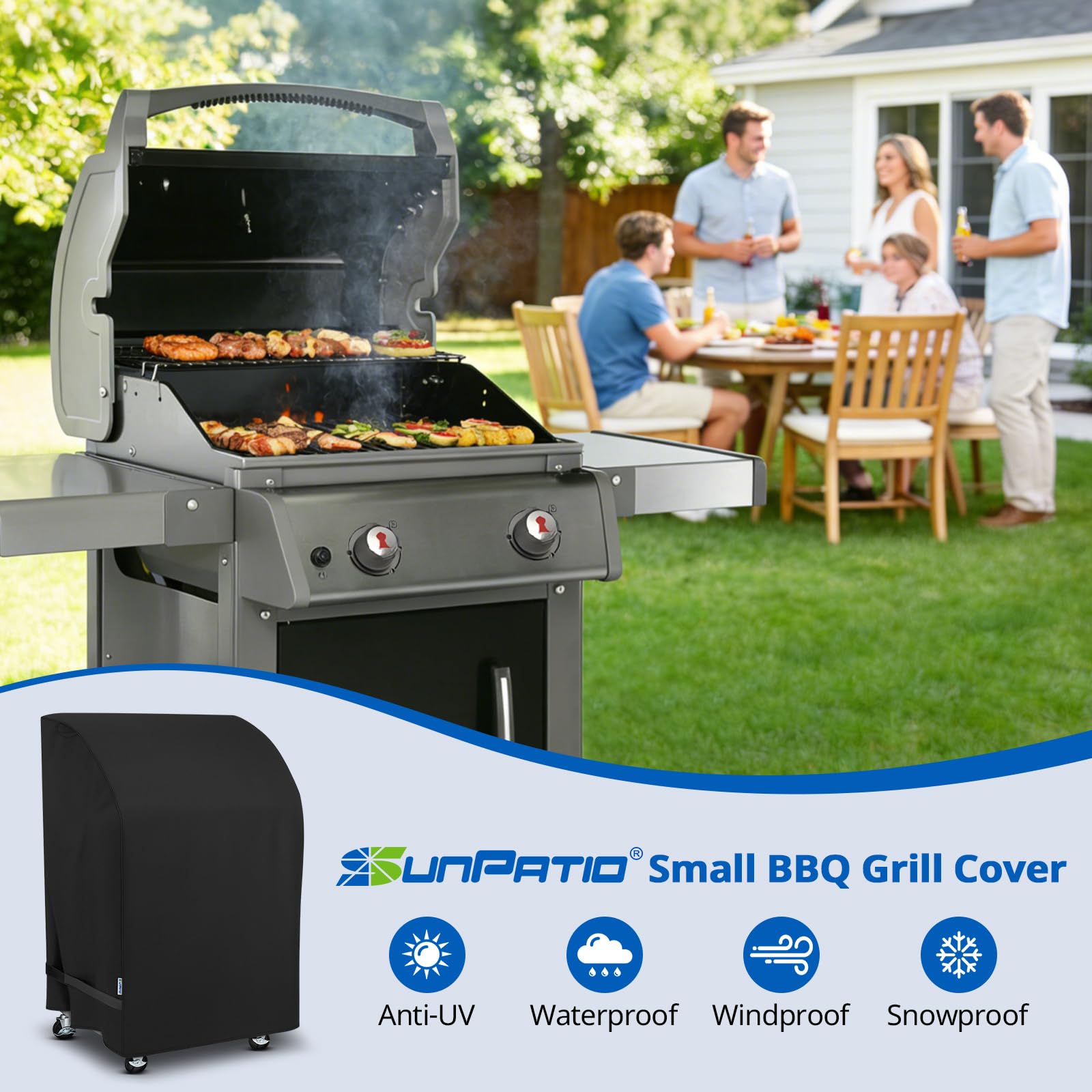SunPatio all-weather protection shown on outdoor grill in snow and rain