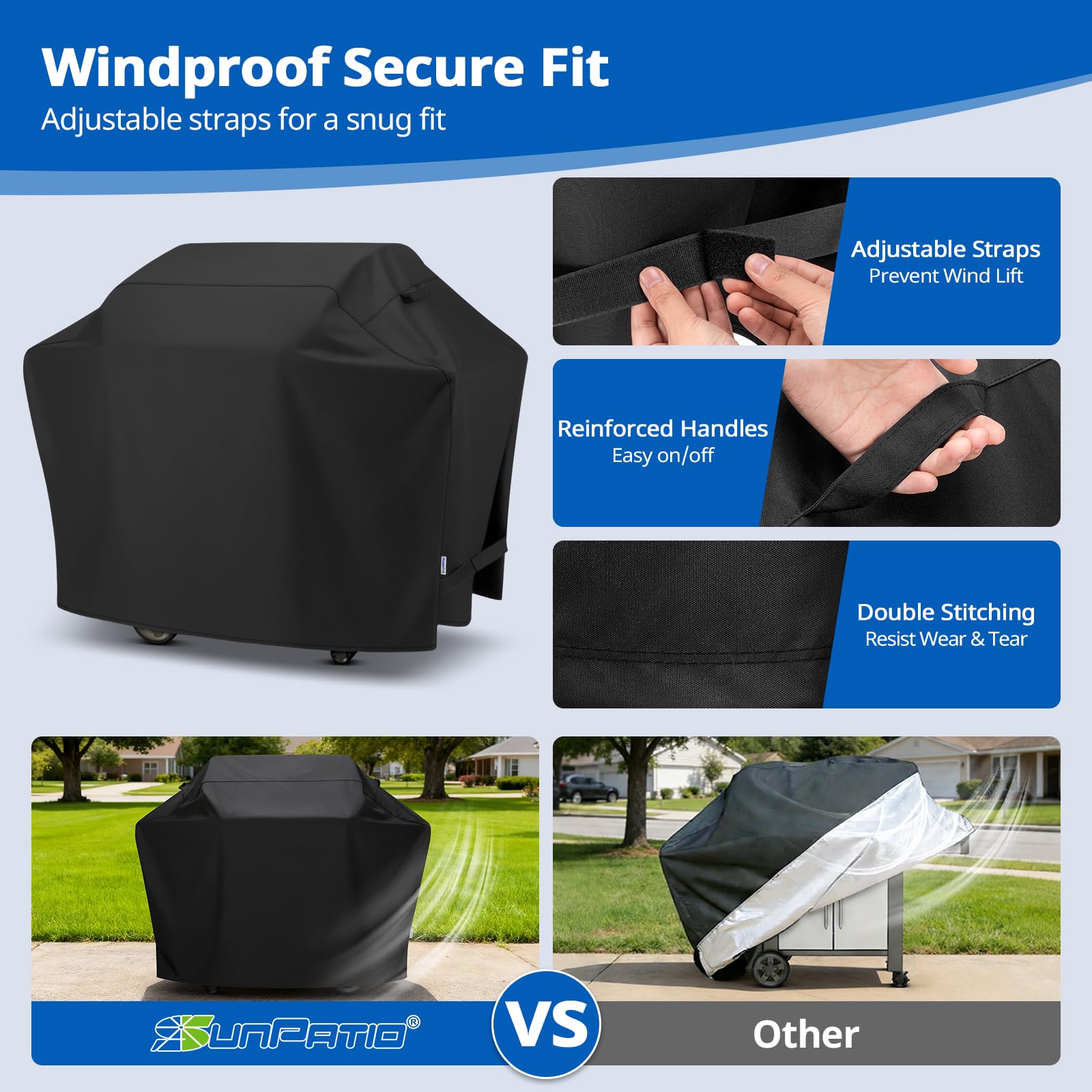 SunPatio weatherproof cover demonstrating compatibility with Weber, Char-Broil and Nexgrill.