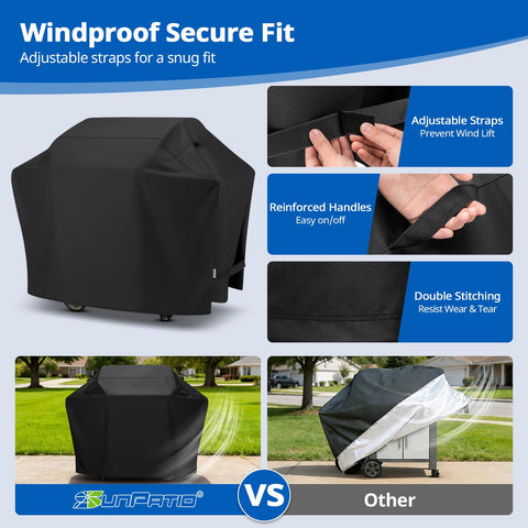SunPatio weatherproof cover demonstrating compatibility with Weber, Char-Broil and Nexgrill.