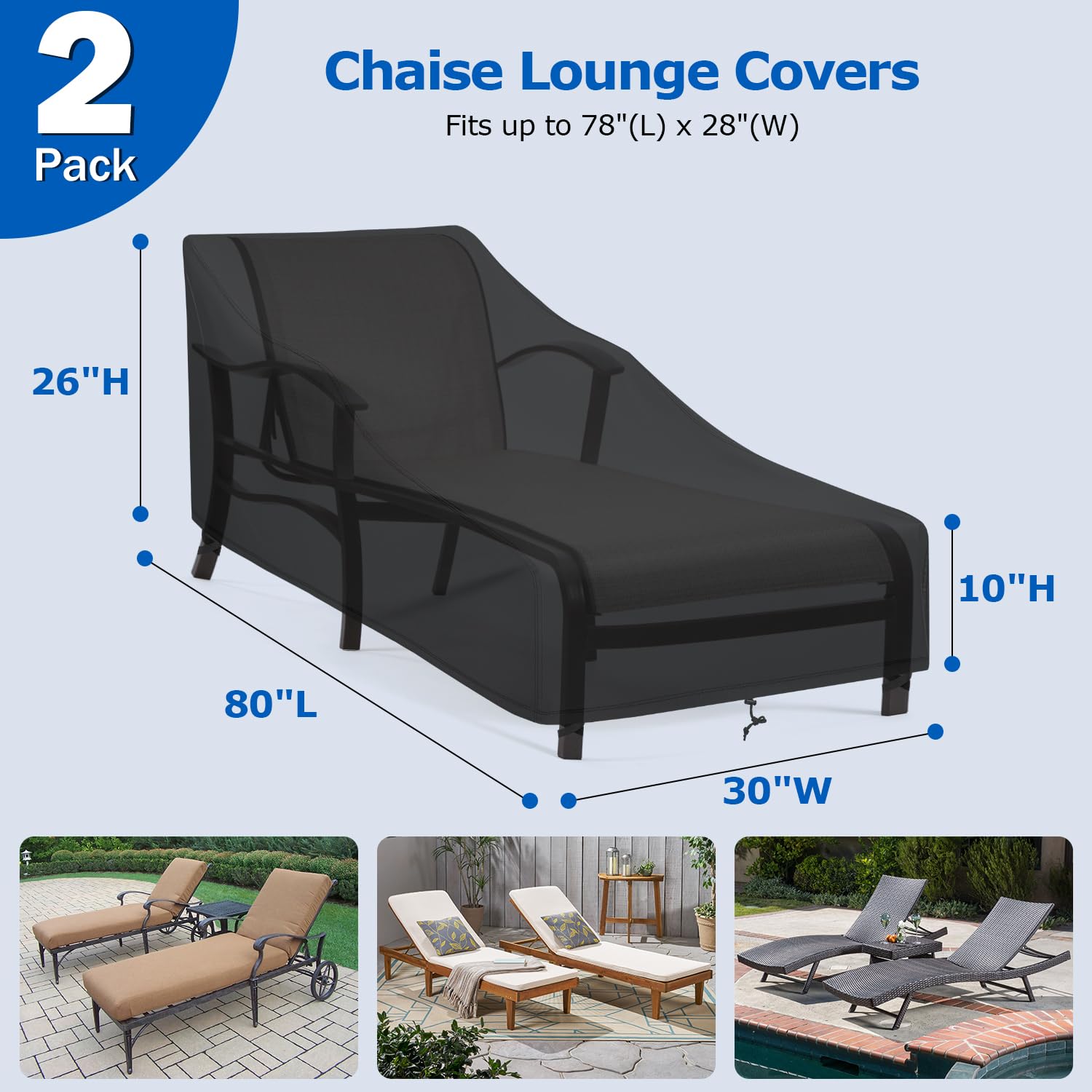 SunPatio cover with windproof straps securing a chaise on a windy day